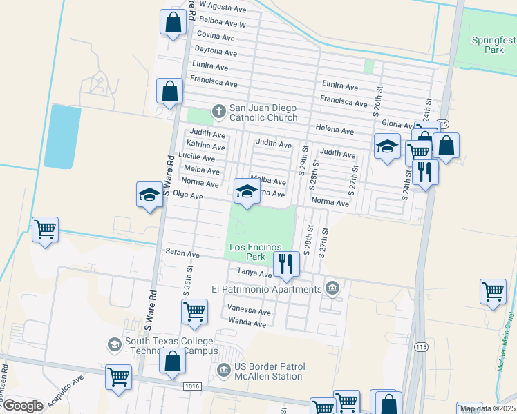 map of restaurants, bars, coffee shops, grocery stores, and more near 3221 Olga Avenue in McAllen