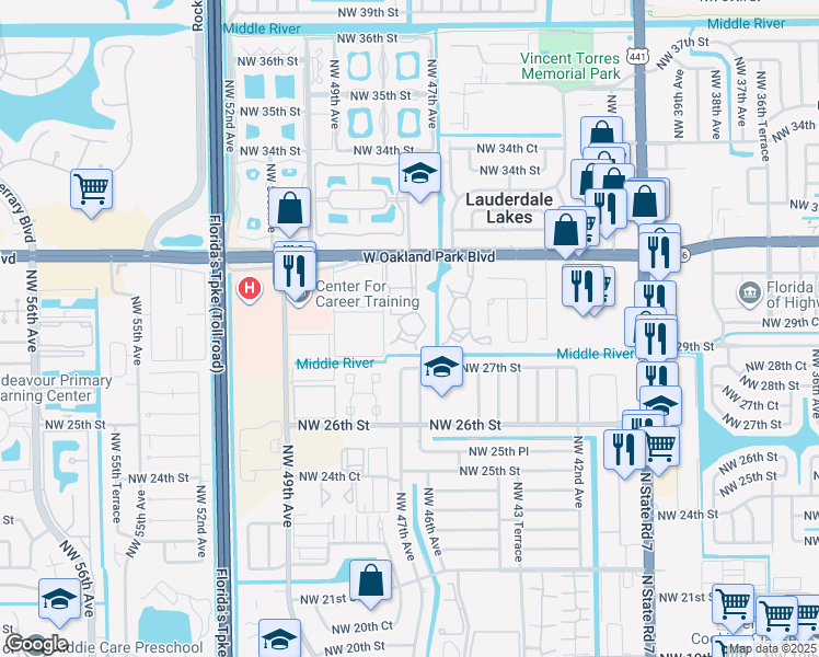 map of restaurants, bars, coffee shops, grocery stores, and more near 2801 Northwest 47th Terrace in Lauderdale Lakes