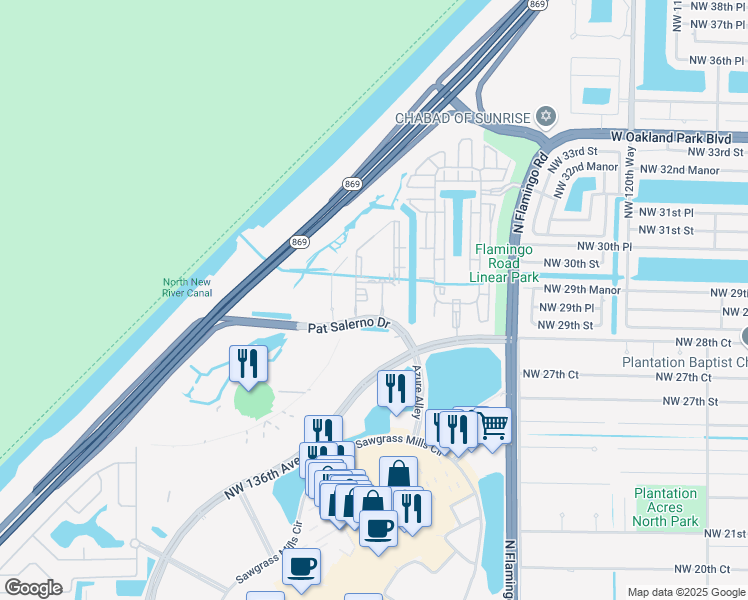 map of restaurants, bars, coffee shops, grocery stores, and more near 2903 Northwest 130th Avenue in Sunrise
