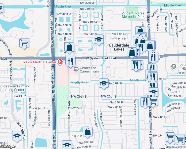 map of restaurants, bars, coffee shops, grocery stores, and more near 2881 Northwest 47th Terrace in Lauderdale Lakes
