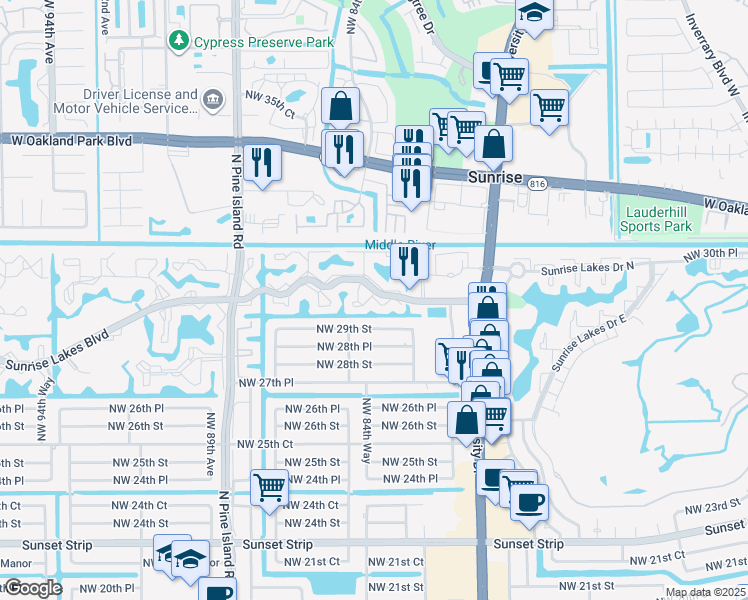 map of restaurants, bars, coffee shops, grocery stores, and more near 8451 Northwest 29th Street in Sunrise
