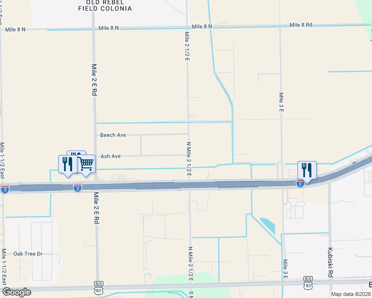 map of restaurants, bars, coffee shops, grocery stores, and more near 3045 Ash Avenue in Mercedes