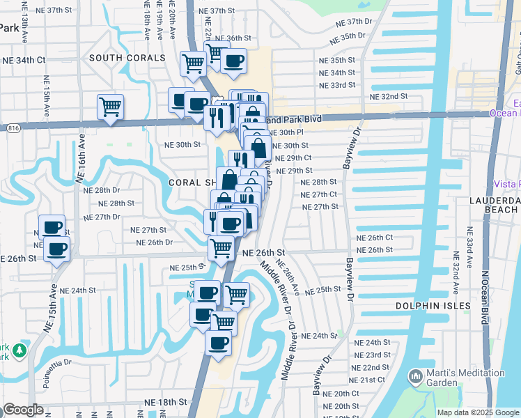 map of restaurants, bars, coffee shops, grocery stores, and more near 2701 Middle River Drive in Fort Lauderdale