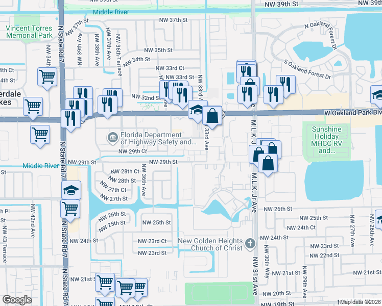 map of restaurants, bars, coffee shops, grocery stores, and more near 2975 Northwest 33Rd Way in Lauderdale Lakes