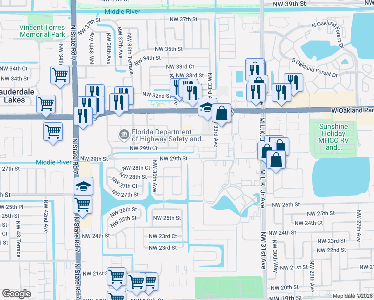 map of restaurants, bars, coffee shops, grocery stores, and more near 2975 Northwest 33Rd Way in Lauderdale Lakes