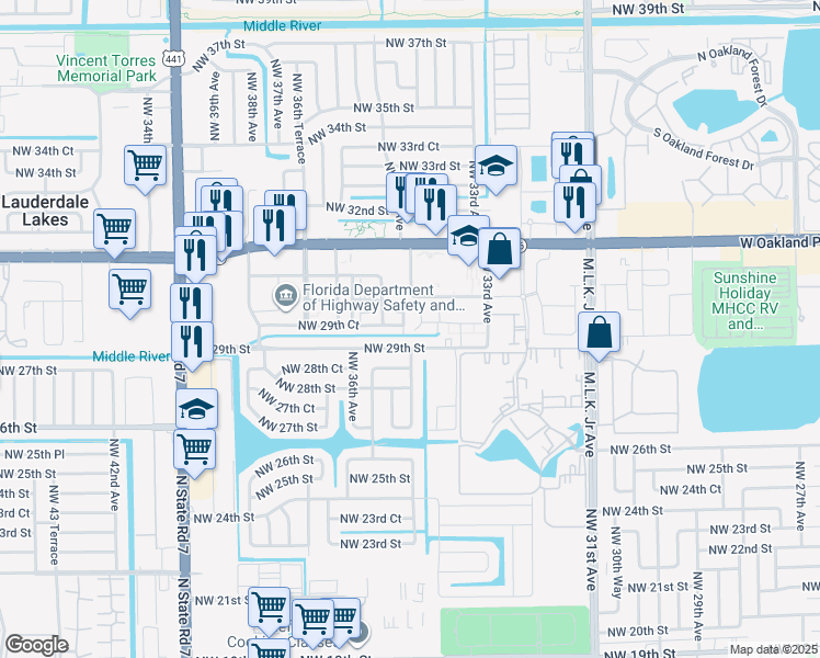 map of restaurants, bars, coffee shops, grocery stores, and more near 2998 Northwest 30th Street in Lauderdale Lakes