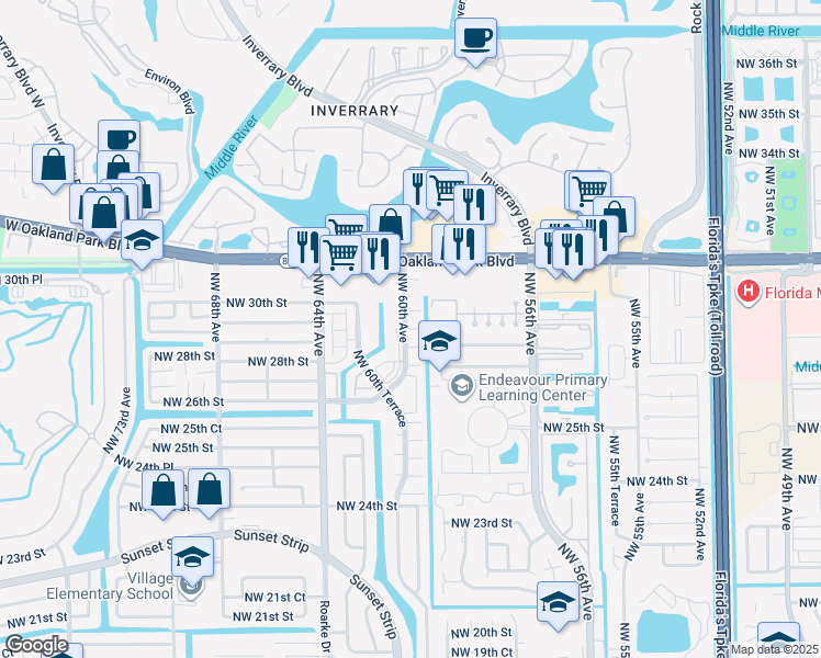 map of restaurants, bars, coffee shops, grocery stores, and more near 5979 Northwest 29th Place in Sunrise