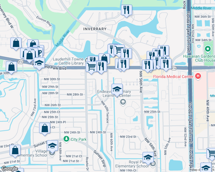 map of restaurants, bars, coffee shops, grocery stores, and more near 5979 Northwest 29th Place in Sunrise
