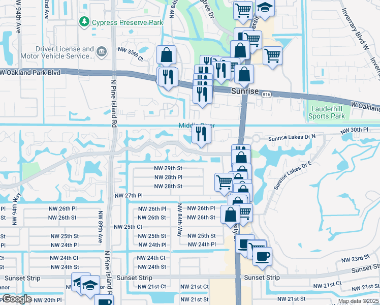 map of restaurants, bars, coffee shops, grocery stores, and more near 8120 Sunrise Lakes Boulevard in Sunrise