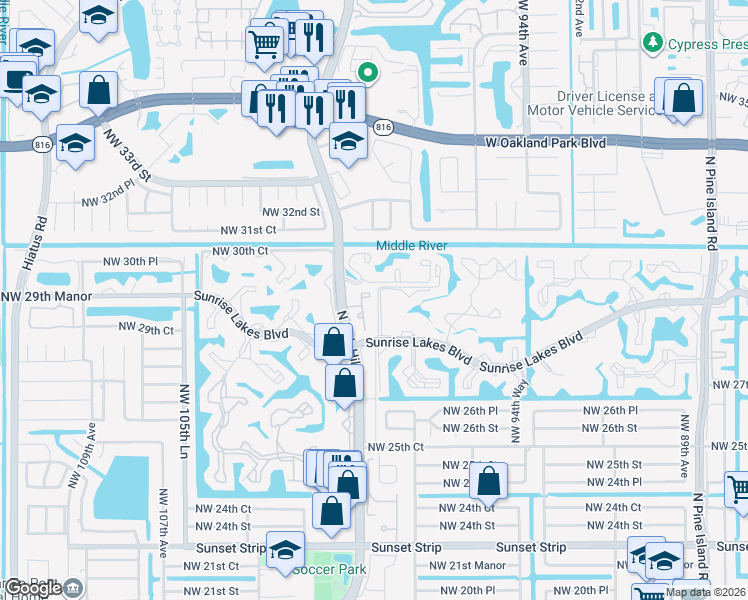 map of restaurants, bars, coffee shops, grocery stores, and more near 516 Summerbreeze Drive in Sunrise