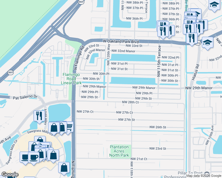 map of restaurants, bars, coffee shops, grocery stores, and more near 12011 Northwest 29th Manor in Sunrise
