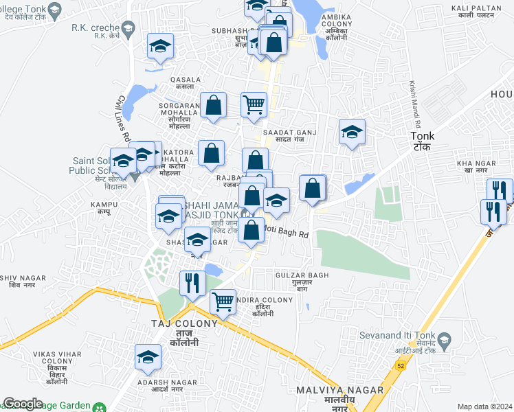 map of restaurants, bars, coffee shops, grocery stores, and more near Unnamed Rd in Tonk