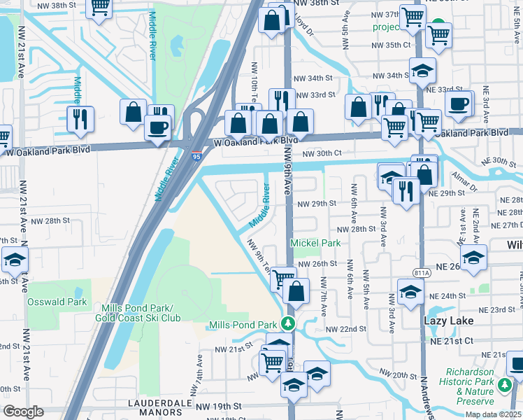 map of restaurants, bars, coffee shops, grocery stores, and more near 2912 Northwest 11th Avenue in Wilton Manors