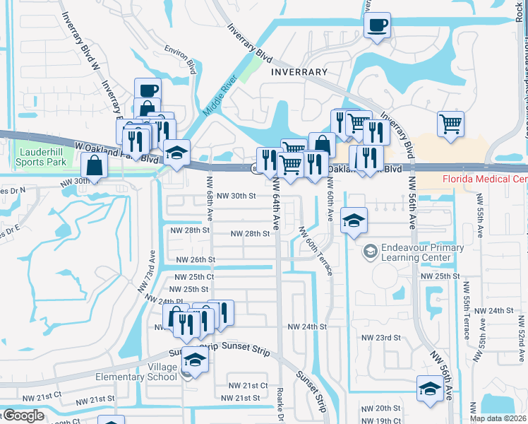 map of restaurants, bars, coffee shops, grocery stores, and more near 6480 Northwest 30th Street in Sunrise