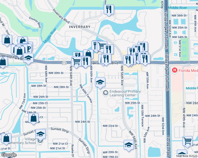 map of restaurants, bars, coffee shops, grocery stores, and more near 2768 Northwest 58th Terrace in Lauderhill
