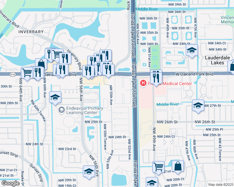 map of restaurants, bars, coffee shops, grocery stores, and more near 2982 Northwest 55th Avenue in Lauderhill