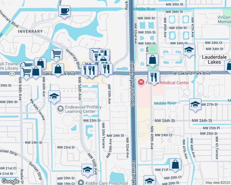 map of restaurants, bars, coffee shops, grocery stores, and more near 2814 Northwest 55th Avenue in Lauderhill