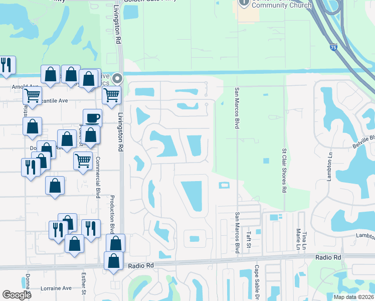 map of restaurants, bars, coffee shops, grocery stores, and more near 930 Marble Drive in Naples