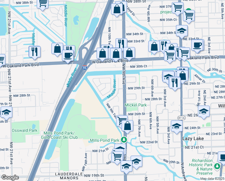 map of restaurants, bars, coffee shops, grocery stores, and more near in Wilton Manors