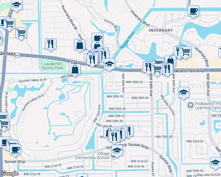 map of restaurants, bars, coffee shops, grocery stores, and more near 2970 Northwest 68th Way in Sunrise