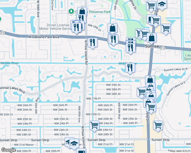 map of restaurants, bars, coffee shops, grocery stores, and more near 8500 Sunrise Lakes Boulevard in Sunrise