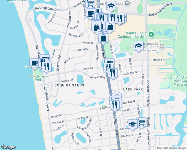 map of restaurants, bars, coffee shops, grocery stores, and more near 692 Pine Court in Naples