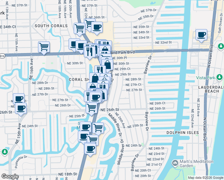 map of restaurants, bars, coffee shops, grocery stores, and more near 2701 Middle River Drive in Fort Lauderdale