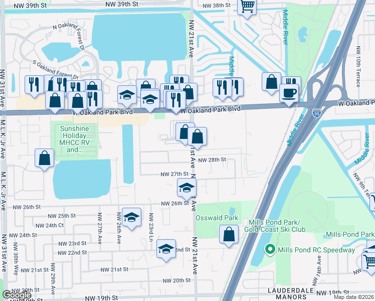 map of restaurants, bars, coffee shops, grocery stores, and more near 2181 Northwest 29th Street in Oakland Park