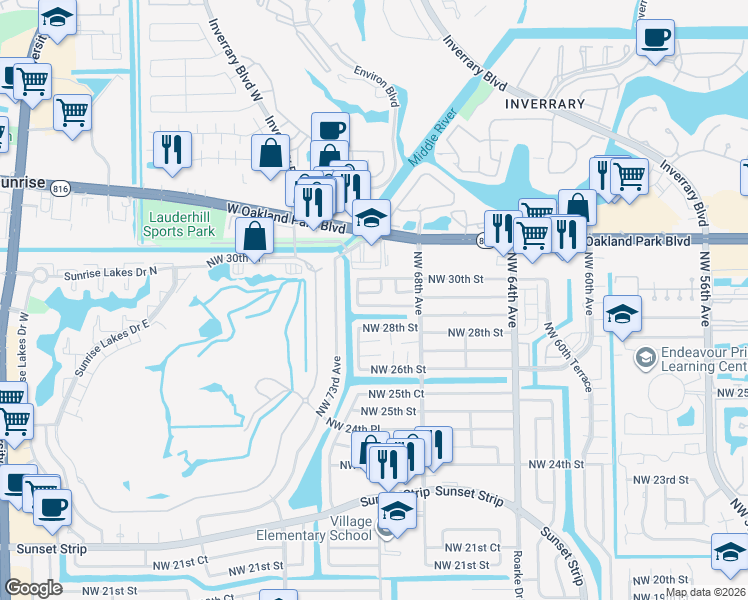 map of restaurants, bars, coffee shops, grocery stores, and more near 2970 Northwest 68th Way in Sunrise
