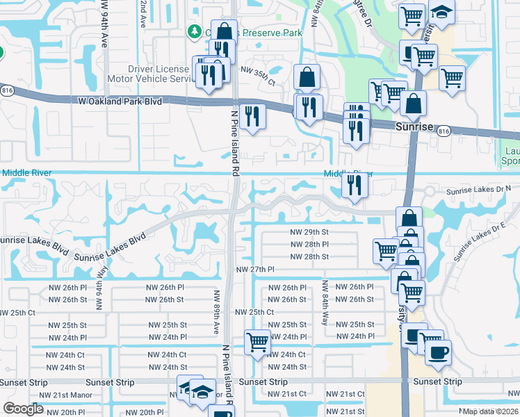map of restaurants, bars, coffee shops, grocery stores, and more near 8500 Sunrise Lakes Boulevard in Sunrise