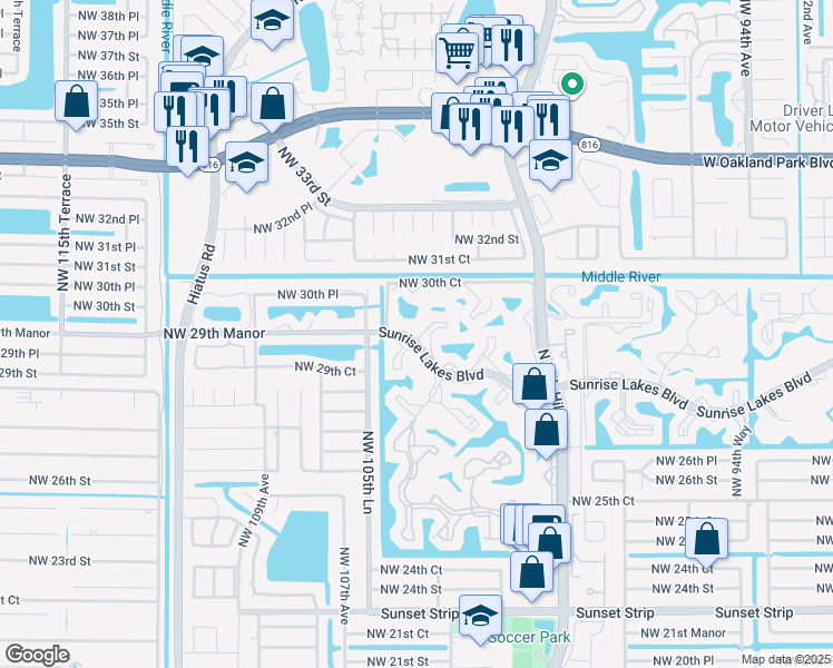 map of restaurants, bars, coffee shops, grocery stores, and more near 164 Sunrise Lakes Boulevard in Sunrise