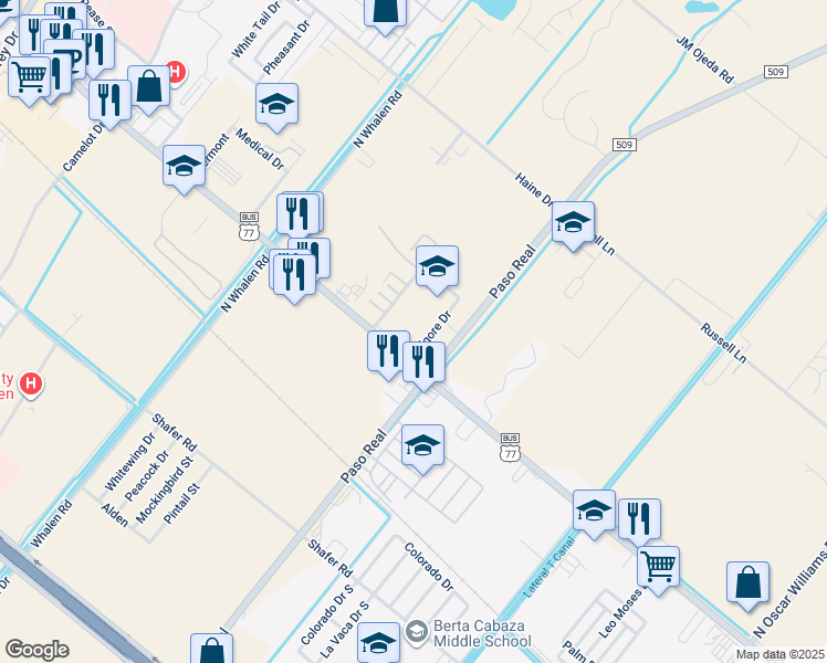 map of restaurants, bars, coffee shops, grocery stores, and more near 2380 U.S. 77 Business in San Benito