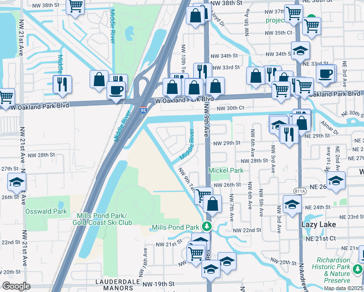 map of restaurants, bars, coffee shops, grocery stores, and more near in Wilton Manors