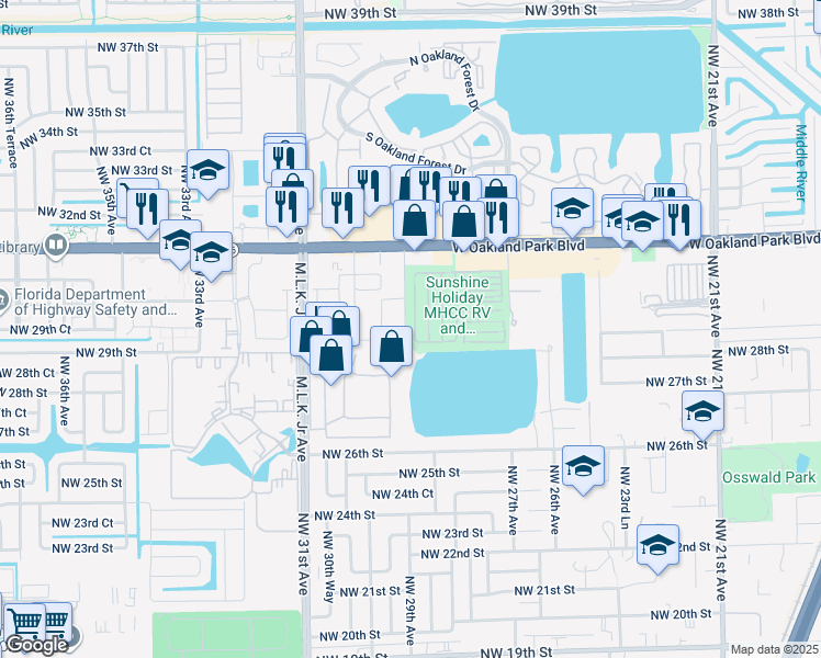 map of restaurants, bars, coffee shops, grocery stores, and more near 2919 Northwest 28th Lane in Oakland Park