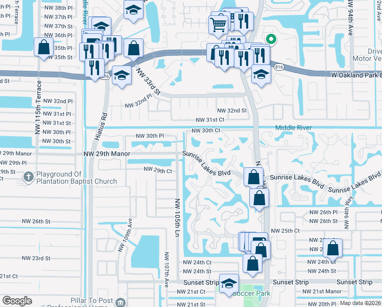 map of restaurants, bars, coffee shops, grocery stores, and more near 164 Sunrise Lakes Boulevard in Sunrise