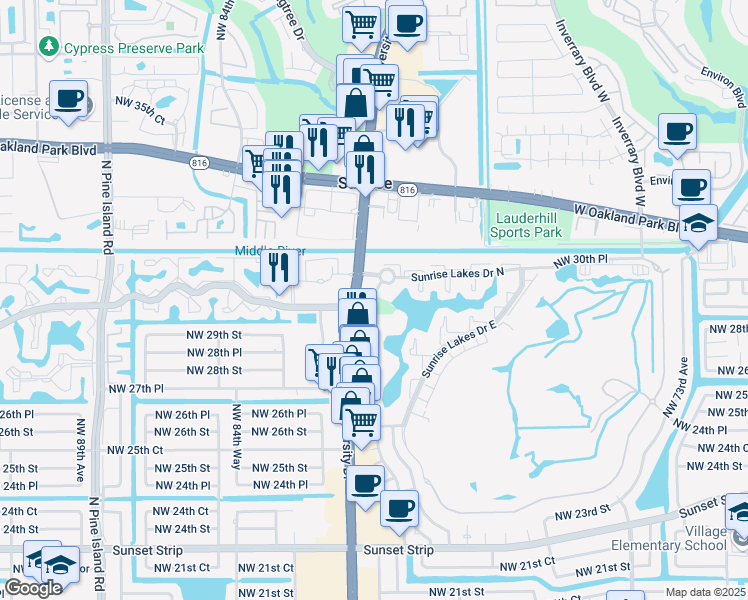 map of restaurants, bars, coffee shops, grocery stores, and more near 8100 Sunrise Lakes Drive North in Sunrise