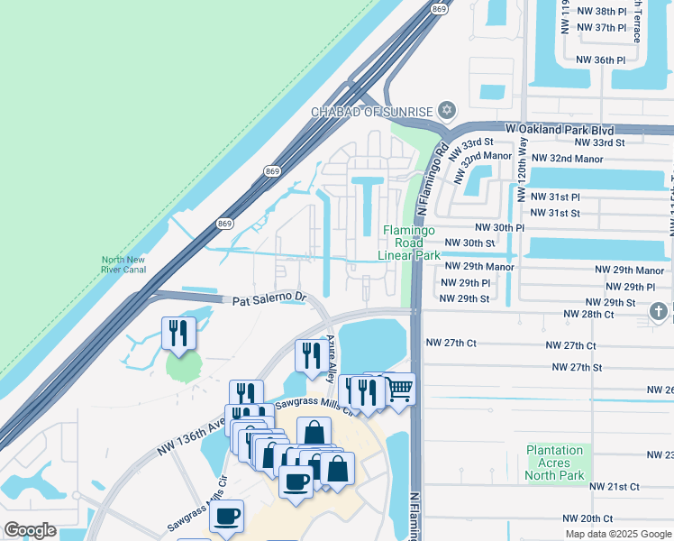 map of restaurants, bars, coffee shops, grocery stores, and more near 2955 Northwest 126th Avenue in Sunrise