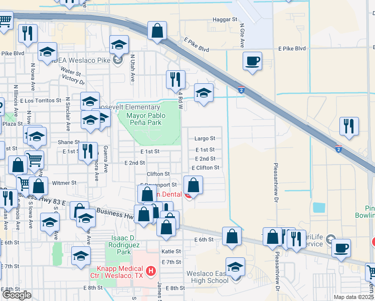 map of restaurants, bars, coffee shops, grocery stores, and more near 110 Retama Lane in Weslaco