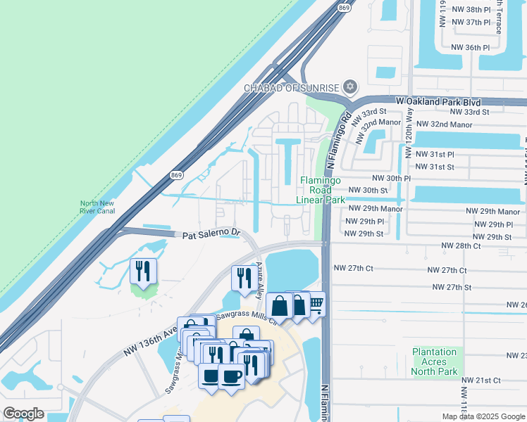 map of restaurants, bars, coffee shops, grocery stores, and more near 3040 Northwest 126th Avenue in Sunrise
