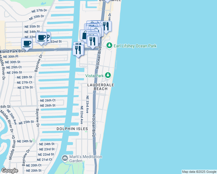 map of restaurants, bars, coffee shops, grocery stores, and more near 2816 North Atlantic Boulevard in Fort Lauderdale