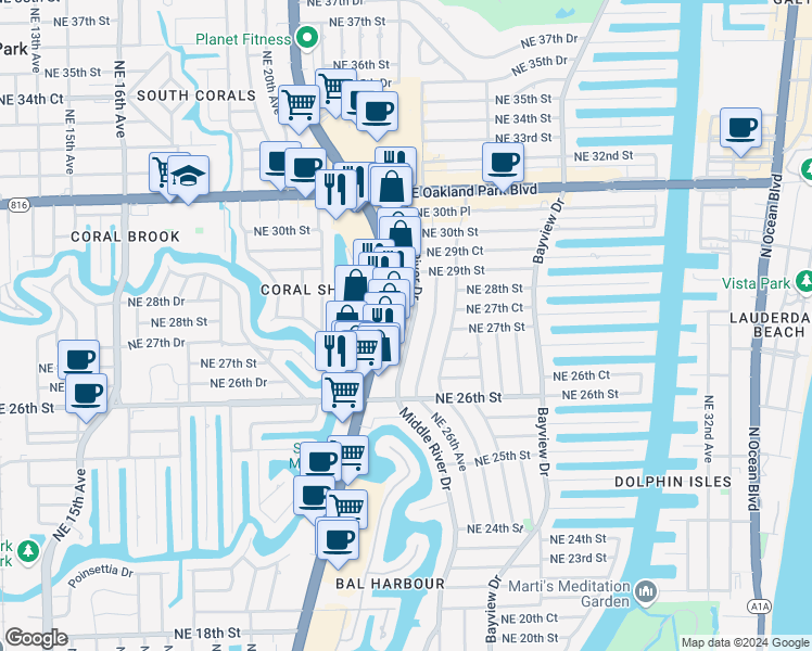map of restaurants, bars, coffee shops, grocery stores, and more near 2701 Middle River Drive in Fort Lauderdale