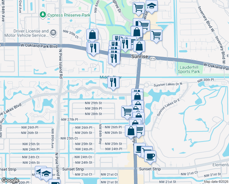 map of restaurants, bars, coffee shops, grocery stores, and more near 8120 Sunrise Lakes Boulevard in Sunrise