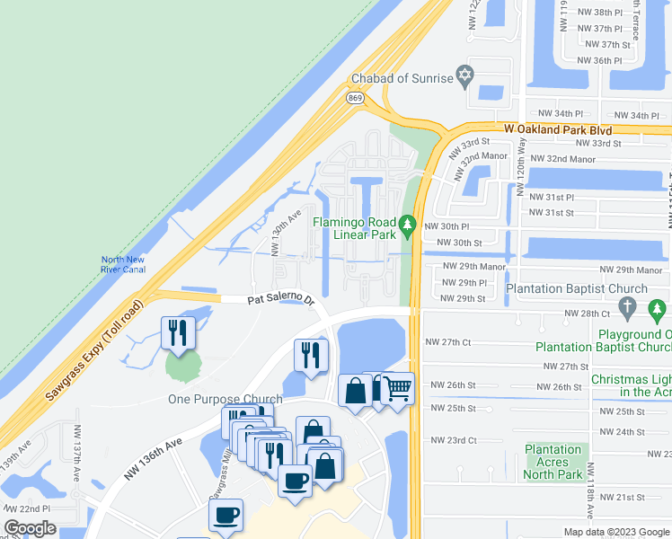 map of restaurants, bars, coffee shops, grocery stores, and more near 3040 Northwest 126th Avenue in Sunrise