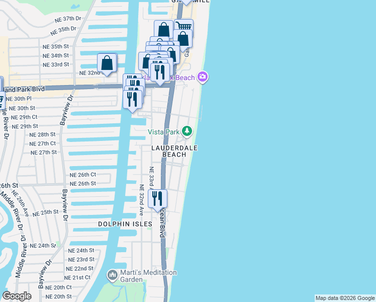 map of restaurants, bars, coffee shops, grocery stores, and more near 2816 North Atlantic Boulevard in Fort Lauderdale