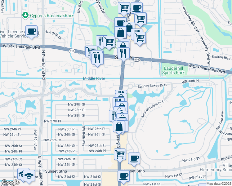 map of restaurants, bars, coffee shops, grocery stores, and more near 3001 N University Dr in Sunrise