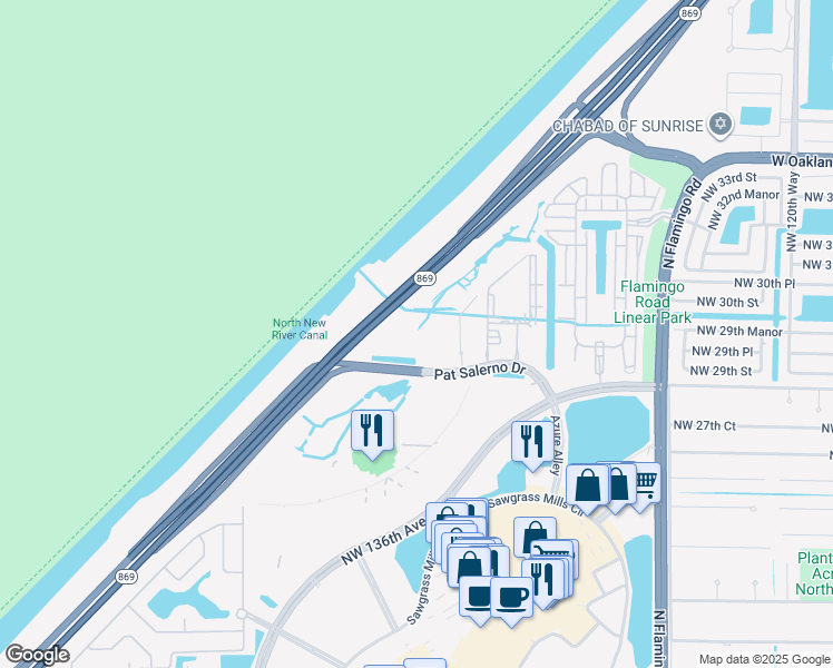 map of restaurants, bars, coffee shops, grocery stores, and more near 3001 Northwest 130th Terrace in Sunrise