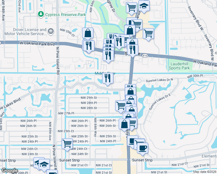 map of restaurants, bars, coffee shops, grocery stores, and more near 8120 Sunrise Lakes Boulevard in Sunrise