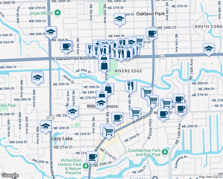 map of restaurants, bars, coffee shops, grocery stores, and more near 603 Northeast 28th Street in Wilton Manors