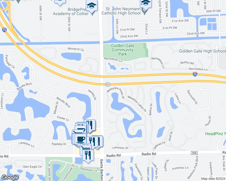 map of restaurants, bars, coffee shops, grocery stores, and more near 7731 Berkshire Pines Drive in Naples