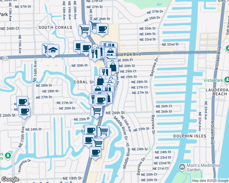 map of restaurants, bars, coffee shops, grocery stores, and more near 2701 Middle River Drive in Fort Lauderdale